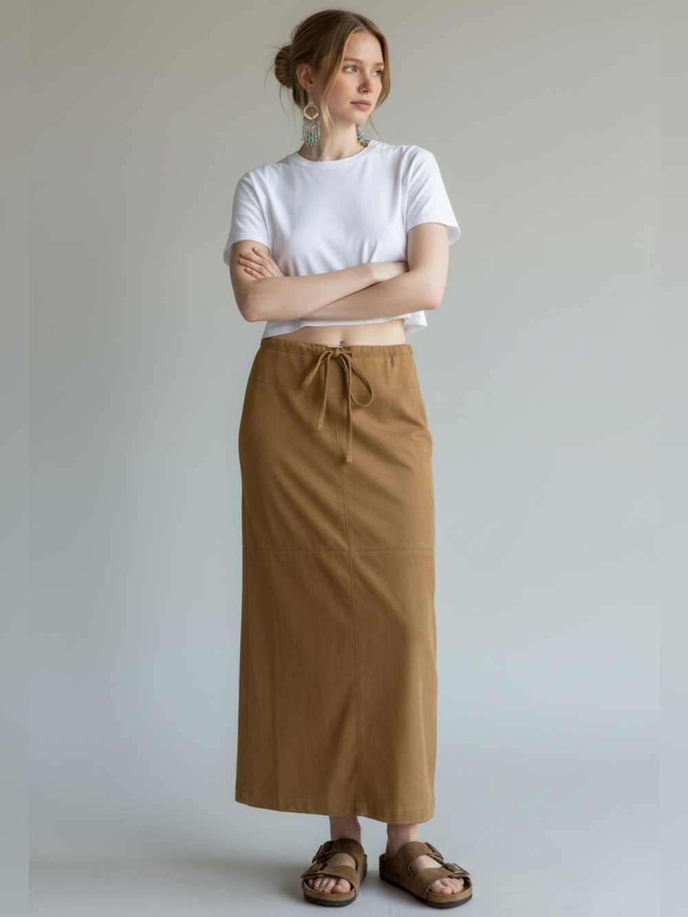 Easy Spirit Vintage Faux Suede Camel Maxi Skirt with Tie Waist. XL.